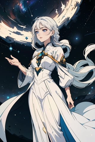 (silver,  glimmer)), contrast, phenomenal aesthetic, best quality, sumptuous artwork, (masterpiece), (best quality), (ultra-detailed), (((illustration))), ((an extremely delicate and beautiful)), (detailed light), cold theme, broken glass, broken wall, ((an array of stars)), ((starry sky)), the Milky Way, star, Reflecting the starry water surface,(1girl:1.3), awhite hair, blinking, white dress, closed mouth, constel lation, flat color, white hair, braid, blinking, white robe, barefoot, float, flat color, looking up, standing, medium hair, standing, solo, space, universe, Nebula, many stars, fanxing