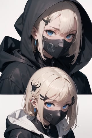 High detailed ,midjourney,perfecteyes,Color magic,,piercing, multiple_girls, 2girls, hood, hooded_bodysuit, mask, blonde_hair, jacket, bodysuit, black_hair, animification, superhero, v, piercing, spider_web_print, looking_at_viewer, hair_ornament, mouth_mask, blue_eyes, hairclip, medium_hair, hood_up, black_eyes, earrings, jewelry, hoodie, gloves, free style,horror (theme),portrait,realistic,Mechagirl,midjourney,illustration,ASU1,fcloseup,rgbcolor