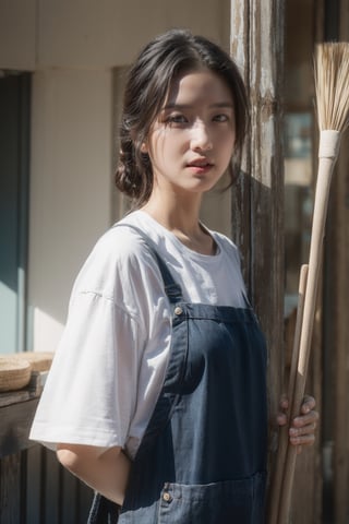 middle aged man, solo, looking at viewer, simple background, black hair, upper body, parted lips, apron, lips, reality, cleaner, holding broom