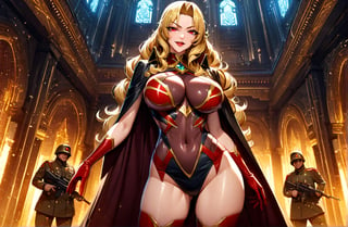 (masterpiece, best quality, ultra detailed, absurdres)1.5, 1girl, (sexy, beautiful woman, perfect face, perfect eyes, perfect female body)1.5, (, wavy hair, long hair, blonde hair, red eyes, mature female, milf, v-shaped eyebrows, red lips, extremely detailed clothes, smile, red elbow gloves, red thigh boots, red-black cape, red impossible clothes,very detailed, depth of fields。Create depth with atmospheric lighting,wide wide shot,detail,（Hyper-detailing）,（Complicated details),（High resolution CGI artwork 8k), palace, luxury, night, sci fi indoors,  windows, soldiers, night,AliciaViewstream,Expressiveh,glitter