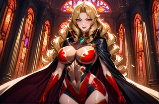 (masterpiece, best quality, ultra detailed, absurdres)1.5, 1girl, (sexy, beautiful woman, perfect face, perfect eyes, perfect female body)1.5, (, wavy hair, long hair, blonde hair, red eyes, mature female, milf, v-shaped eyebrows, red lips, extremely detailed clothes, smile, red elbow gloves, red thigh boots, red-black cape, red impossible clothes,very detailed, depth of fields。Create depth with atmospheric lighting,wide wide shot,detail,（Hyper-detailing）,（Complicated details),（High resolution CGI artwork 8k), palace, luxury, night, sci fi indoors,  windows, stained glass, soldiers, night,AliciaViewstream,Expressiveh,glitter