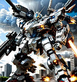 armored core mecha), (RRS:1.5),  (HRS:1.5), best quality, masterpiece, highly detailed, ultra-detailed,(blue sky:1.1), black clouds, holding weapon, a (((mecha))) with sleek and menacing design, (mecha armor:1.5),glowing ,eyes, soldiers, mechanical parts, (long legs:1.5),robot joints,(huge shield:1.2),(battle-ready:1.2),(powerful stance:1.3),(Detailed eye description:1.2),(huge mechanical weapon:1.3),(detailed armor description:1.2),(detailed shield description:1.2),(detailed weapon description:1.2),(huge mechanical gun:1.2),(holding gun and weapon :1.3) BREAK building, glowing_eyes, science_fiction, city, realistic,