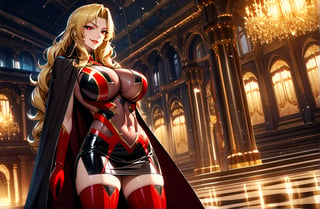 (masterpiece, best quality, ultra detailed, absurdres)1.5, 1girl, (sexy, beautiful woman, perfect face, perfect eyes, perfect female body)1.5, (, wavy hair, long hair, blonde hair, red eyes, mature female, milf, v-shaped eyebrows, red lips, extremely detailed clothes, smile, red elbow gloves, red thigh boots, red-black cape, red impossible clothes,very detailed, depth of fields。Create depth with atmospheric lighting,wide wide shot,detail,（Hyper-detailing）,（Complicated details),（High resolution CGI artwork 8k), palace, luxury, night, sci fi indoors,  windows, soldiers, night,AliciaViewstream,Expressiveh,glitter