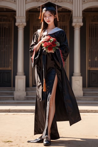 graduation ceremony,girl,college student,wearing graduation gown(black color),holding buquet,smile,Best Quality, 32k, photorealistic, ultra-detailed, finely detailed, high resolution, perfect dynamic composition, beautiful detailed eyes, sharp-focus, cowboy_shot,full body,1 girl 