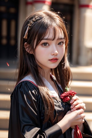 graduation ceremony,girl,college student,wearing graduation gown(black color),holding buquet,smile,Best Quality, 32k, photorealistic, ultra-detailed, finely detailed, high resolution, perfect dynamic composition, beautiful detailed eyes, sharp-focus, cowboy_shot,