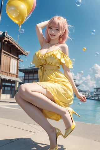 high quality, 8K Ultra HD, high detailed, masterpiece, A digital illustration of anime style, soft anime tones, Detailed illustration of many colorful soap bubbles falling from the sky on a beautiful Japan girl, pale yellow off-shoulder dress,Yellow spaghetti straps,(big smile:1.2),breasts,colorful colors, colorful girl,( pink hair:1.2), brown eye, (yellow pumps:1.2),accessories(necklace,ear_rings), luminism, three dimensional effect, enhanced beauty, Albert Anker, Kyoto Animation, Greg Rutkowski, Artgerm, WLOP, Alphonse Beeple, luminism, 3d render, octane render, Isometric, by yukisakura, awesome full color,(full body:1.1),,bubble,(arms up:1.1),