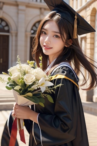 graduation ceremony,girl,college student,wearing graduation gown(black color),holding buquet,smile,Best Quality, 32k, photorealistic, ultra-detailed, finely detailed, high resolution, perfect dynamic composition, beautiful detailed eyes, sharp-focus, cowboy_shot,1 girl 