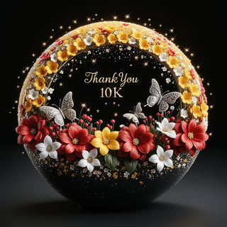 (Top quality, 8K, high resolution, masterpiece), ultra detailed, simple background, flowers, crystal sphere, black background, (text "Thank you for 10K likes~ "): 1.6), gypsophila, stars, butterflies, red, yellow, white flowers, colorful gypsophila,glitter,shiny