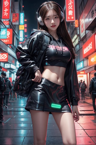 Dreampolis, hyper-detailed digital illustration, cyberpunk,brown hair,Hair flowing in the wind,(big smile:1.1),breasts,single girl with (techsuite hoodie:1.1) and headphones in the street,black mini skirt, neon lights, lighting bar, city, cyberpunk city, film still, backpack, in megapolis, pro-lighting, high-res, masterpiece,Wonder of Art and Beauty,upper body, model pose,Cyberpunk