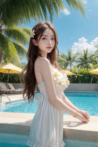 1 16's cute girl, petite, (wearing white frilly dress:1), round face,big sunny smiling, best picture quality, 32K, details, high resolution, (front view), big eyes, (full body), brown hair in golden mesh curls, one point flower hair ornament, palm leaf roof, poolside bar, sunny sky,red lips medium bust, big eyes,gentlebreeze,realhands