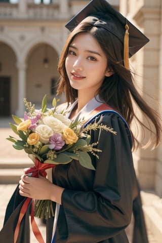 graduation ceremony,girl,college student,wearing graduation gown(black color),holding buquet,smile,Best Quality, 32k, photorealistic, ultra-detailed, finely detailed, high resolution, perfect dynamic composition, beautiful detailed eyes, sharp-focus, cowboy_shot,