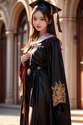 graduation ceremony,girl,college student,wearing graduation gown(black color),holding buquet,smile,Best Quality, 32k, photorealistic, ultra-detailed, finely detailed, high resolution, perfect dynamic composition, beautiful detailed eyes, sharp-focus, cowboy_shot,full body,1 girl 