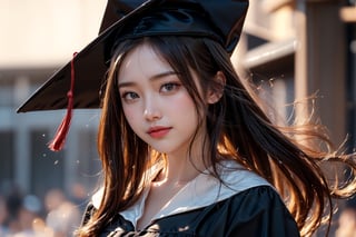 graduation ceremony,girl,college student,wearing graduation gown(black color),holding buquet,smile,Best Quality, 32k, photorealistic, ultra-detailed, finely detailed, high resolution, perfect dynamic composition, beautiful detailed eyes, sharp-focus, cowboy_shot, full body