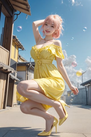 high quality, 8K Ultra HD, high detailed, masterpiece, A digital illustration of anime style, soft anime tones, Detailed illustration of many colorful soap bubbles falling from the sky on a beautiful Japan girl, pale yellow off-shoulder dress,Yellow spaghetti straps,(big smile:1.2),breasts,colorful colors, colorful girl,( pink hair:1.2), brown eye, (yellow pumps:1.2),accessories(necklace,ear_rings), luminism, three dimensional effect, enhanced beauty, Albert Anker, Kyoto Animation, Greg Rutkowski, Artgerm, WLOP, Alphonse Beeple, luminism, 3d render, octane render, Isometric, by yukisakura, awesome full color,(full body:1.1),,bubble,arms up,model pose