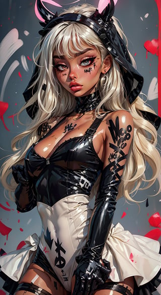 1girl, solo, breasts, short hair, bangs, black hair, gloves, long sleeves, dress, jewelry, upper body, white gloves, hood, wide sleeves, white dress, glowing, halo, ring, own hands together, veil, art style, illustration, drawing, ((brush strokes)), tattoo, piercing, paint, graffiti drawing