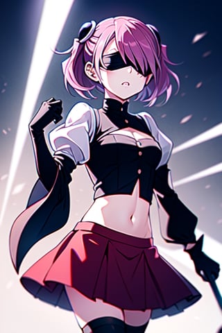 masterpiece, best quality, highres, hy1, hiragi yuzu, hm2b, black skirt, clothing cutout, long sleeves, puffy sleeves, juliet sleeves, black thighhighs, black gloves, covered navel,light, 2b_outfit ,blindfold, ,hy1