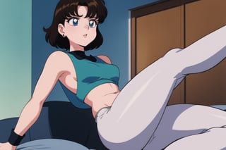 Miki Saegusa, curly short bob curvy bang brown hair, brown eyes, curvy wide hips, Bootylicious, Brown vest, white shirt, short sleeves, earrings, boots, grey pants, bedroom, masterpiece,  best quality,  detailed face,  detailed eyes,  highres, 80s Anime ,EPTakeuchiNaokoStyle