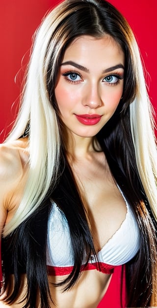 woman, beautiful face, perfect face, black hair, long_straight_hair, (blue_eyes: 1.0), smile (pale_white_skin: 1.2), sexy face marks, perfect, fully white abstract background, little shiny red accessories, fully light white theme, red theme, best quality, clear white texture, details, canon eos 80d photo, light makeup, big boobs tight clothing, (big_dressed_boobs: 1.1), (red_background: 1.2), (face_close-up_shot: 0.8), (pink_lips: 1.0)