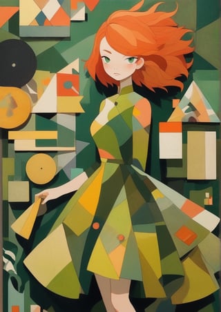 Create abtract picture, where the beautiful woman will center of composition, Create her as ginger girl with green eyes, she wear beautiful olive dress with inticate geometry ornament and fashion high heels. We see subject from behind. Male her haircut is fashion and elegant. Use abtract style, surrealism, zentangle, vibrant colors. Picture should be oil painted, viewer should think that as movie cover.,ANIME