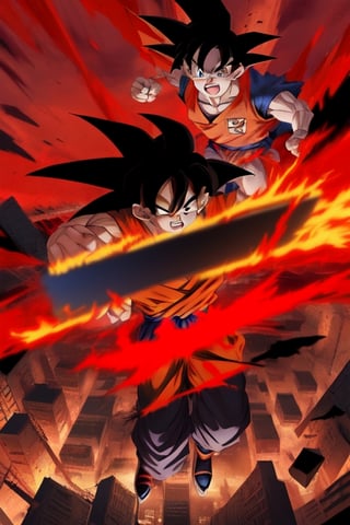 Goku haveing Wing and black and red ora and red and black clothes and hair in a destroy city
