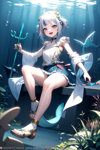 2d, masterpiece, best quality, anime, highly detailed, full body, 1girl, solo, gura_atlantis, gradient dress, laurel crown, sandals, :d, sharp teeth, trident, shark tail, underwater city