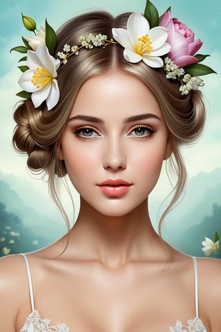 Image of a woman with flowers in her hair, elegant digital painting, beautiful gorgeous digital art, beautiful digital art, exquisite digital illustration, Beautiful digital illustration, detailed beautiful portrait, gorgeous digital art, beautiful portrait image, Beautiful illustrations, digital art portrait, lookover style, in digital illustration style, beautiful fantasy style portrait, beautiful digital artwork