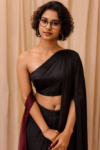 In the positive prompt, the image depicts a young teenage girl with a short height and shoulder-length hair. She wears a maroon saree and small earrings, adding an elegant touch. Holding a guitar, she exudes a sense of passion and creativity. The theme is fashion-forward, with soothing tones and muted colors, enhancing the overall aesthetic. Her Mallu curly hair frames her face beautifully, while her black glasses add an intellectual flair. Despite her lowered head, she maintains a confident gaze towards the camera, capturing the viewer's attention with her charisma and charm. The image's high contrast and soft lighting accentuate her natural skin texture, creating a hyperrealistic portrayal that is both captivating and relatable.