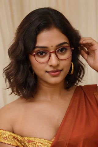 In the positive prompt, the image depicts a young teenage girl with a short height and shoulder-length hair. She wears a maroon saree and small earrings, adding an elegant touch. Holding a guitar, she exudes a sense of passion and creativity. The theme is fashion-forward, with soothing tones and muted colors, enhancing the overall aesthetic. Her Mallu curly hair frames her face beautifully, while her study glasses add an intellectual flair. Despite her lowered head, she maintains a confident gaze towards the camera, capturing the viewer's attention with her charisma and charm. The image's high contrast and soft lighting accentuate her natural skin texture, creating a hyperrealistic portrayal that is both captivating and relatable.