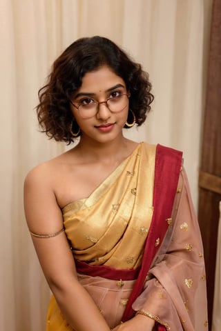 In the positive prompt, the image depicts a young teenage girl with a short height and shoulder-length hair. She wears a maroon saree and small earrings, adding an elegant touch. Holding a guitar, she exudes a sense of passion and creativity. The theme is fashion-forward, with soothing tones and muted colors, enhancing the overall aesthetic. Her Mallu curly hair frames her face beautifully, while her study glasses add an intellectual flair. Despite her lowered head, she maintains a confident gaze towards the camera, capturing the viewer's attention with her charisma and charm. The image's high contrast and soft lighting accentuate her natural skin texture, creating a hyperrealistic portrayal that is both captivating and relatable.