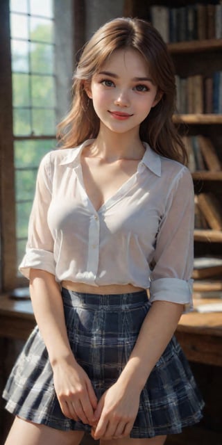 (1girl, medium breast, teacher, white shirt, plaid tiered skirt, in classroom, alluring smile, looking_at_viewer, beautiful small hands, photo of perfecteyes eyes, sexy pose), masterpiece, UHD, realism, realistic, depth of field, wide view, raytraced, full length body, mystical, luminous, high resolution, sharp details, translucent, beautiful, stunning, a mythical being exuding energy, textures, breathtaking beauty, pure perfection, with a divine presence, unforgettable, and impressive.