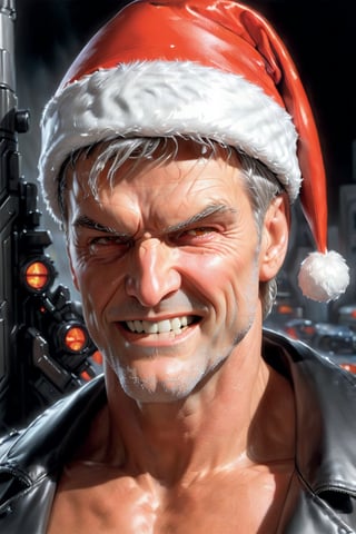 ((Terminator smiling with a Santa Claus hat, Alex Ross stile, Marvel comic cover illustration,))(Masterpiece, Best quality), (finely detailed eyes), (finely detailed eyes and detailed face), (Extremely detailed CG, Ultra detailed, Best shadow), Beautiful conceptual illustration, (illustration), (extremely fine and detailed), (Perfect details), (Depth of field)