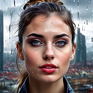 (double exposure close up face of a sophisticated European girl with chin up and (rainy) cityscape:1.5), (doe eyed:1.5), beautiful, (expressive face:1.3), (eyes wide open:1.3), (parted lips:1.3), panicked, fearful, intricately detailed, hyperdetailed, realism, incredible composition, dynamic lighting, meticulously composed concept art, masterpiece, digital illustration, cell-shaded, volumetric lighting