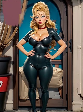 A beautiful dutch woman, with blonde long hair, brown eyes, small breasts, wearing a black T-shirt, black leather jacket and black leather trousers, black clothes, bare midriff, hands on hips,  photorealistic, Thick lipps, Thick eyelashes, masterpiece,realistic,portrait,spread legs,ass,butt,dressed,sexbodysuit,black pantyhose,black_footwear,loafers ,Realism,Portrait,Milf,Raw photo,sexswimsuit,body stockings,Realistic,Anime Style,venusbody,b1mb0,cartoon,poidef, heterochromia,Boltedgoddess, purple eyes,margsimp