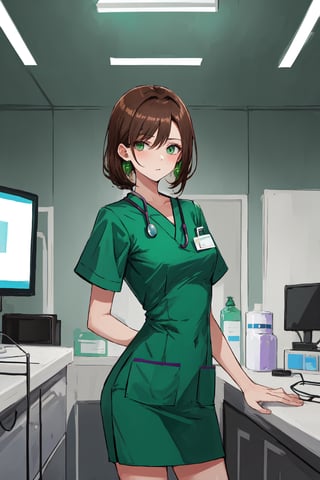 score 9, score 8 up, modern surgery room, brunette model, green surgeon scrubs, bright lights, looking at viewer