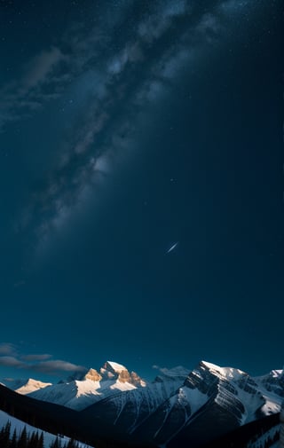 at night, snowy mountains of Canada. Star shower, illuminated by moonlight