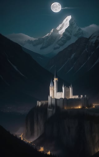 At night, white city of Gondolin with its fortifications, hidden by mountains, an image of epic fantasy, illuminated by the light of the moon.