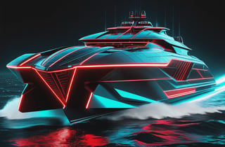 photorealistic image, masterpiece, high quality 8K, of a futuristic ((sci-fi large super boat)), (((sailing in the water the sea))), Tron legacy, in space, black and red neon lights, good lighting, at night, sharp focus