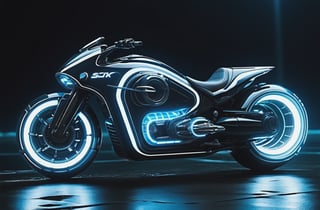 photorealistic image, masterpiece, high quality 8K, of a futuristic ((sci-fi large super motocycle), (((submerged in the sea))), Tron legacy, white and blue neon lights, good lighting, at night, sharp focus