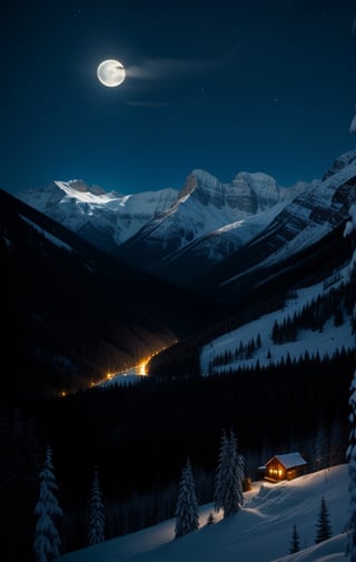 at night, snowy mountains of Canada, illuminated by moonlight