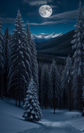 at night, snowy mountains of Canada. spruce forest, illuminated by moonlight