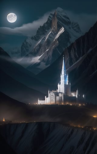 At night, white city of Gondolin with its fortifications, hidden by mountains, an image of epic fantasy, illuminated by the light of the moon.