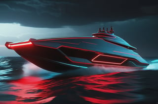 photorealistic image, masterpiece, high quality 8K, of a futuristic ((sci-fi large super boat)), (((sailing in the water the sea))), Tron legacy, black and red neon lights, good lighting, at night, sharp focus