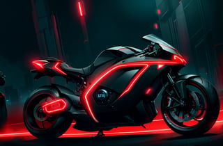 photorealistic image, masterpiece, high quality 8K, of a futuristic motorcycle, Tron legacy, black and red neon lights, good lighting, at night, sharp focus