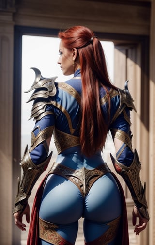 Ultra detailed realistic photo scene UHD 8K HDR, 1 red-haired woman, blue eyes, long hair, slim, perfect model body, super detailed fantasy armor, view from behind, warrior of xian