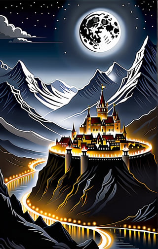 At night, white city of Gondolin with its fortifications, hidden by mountains, an image of epic fantasy, illuminated by the light of the moon.