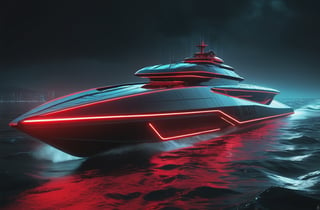 photorealistic image, masterpiece, high quality 8K, of a futuristic ((sci-fi large super boat)), (((sailing in the water the sea))), Tron legacy, black and red neon lights, good lighting, at night, sharp focus