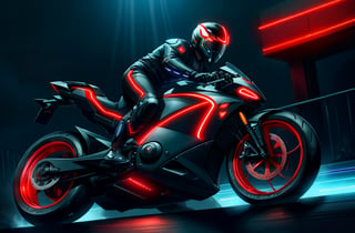 photorealistic image, masterpiece, high quality 8K, of a futuristic motorcycle, Tron legacy, black and red neon lights, good lighting, at night, sharp focus