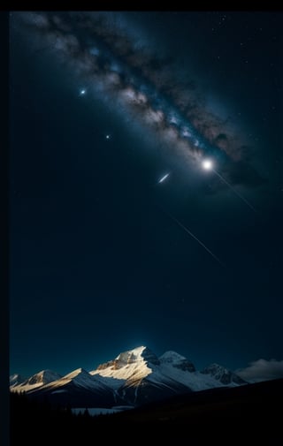 at night, snowy mountains of Canada. Star shower, illuminated by moonlight