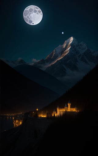 At night, white city of Gondolin with its fortifications, hidden by mountains, an image of epic fantasy, illuminated by the light of the moon.