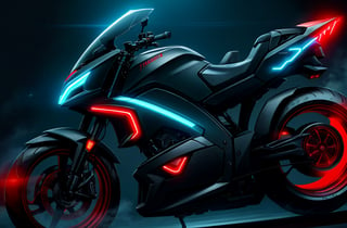 photorealistic image, masterpiece, high quality 8K, of a futuristic motorcycle, Tron legacy, black and red neon lights, good lighting, at night, sharp focus